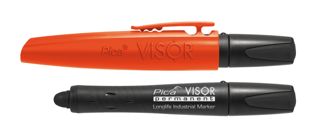 Marqueur industriel Pica VISOR permanent rechargeable Longlife noir, ouvert et fermé