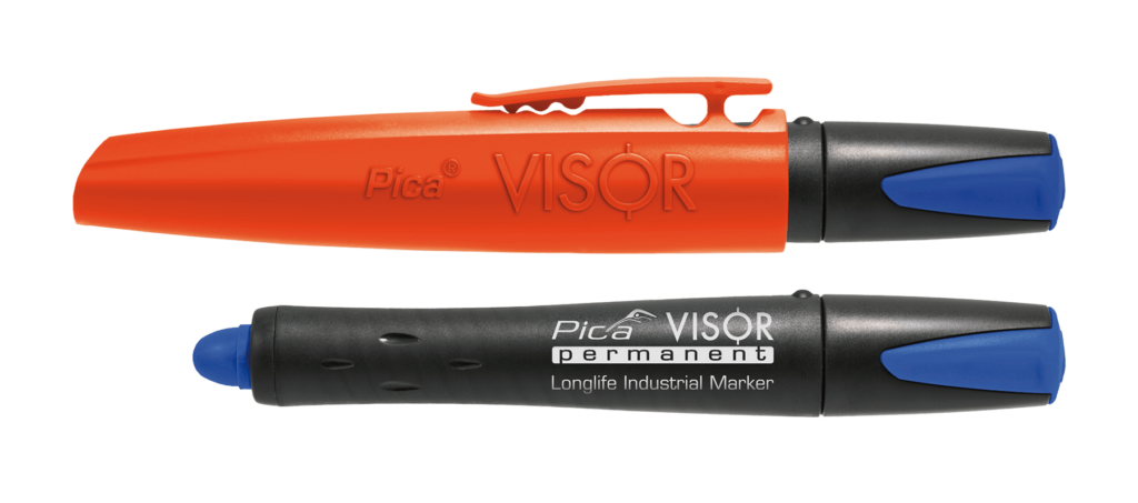 Pica VISOR permanent refillable longlife industrial marker blue, open and closed