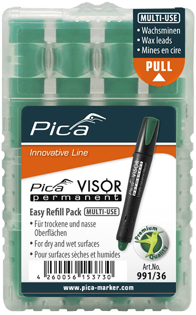 Pica VISOR permanent påfyllningsbar långlivad industriell markör refill blyerts set grön