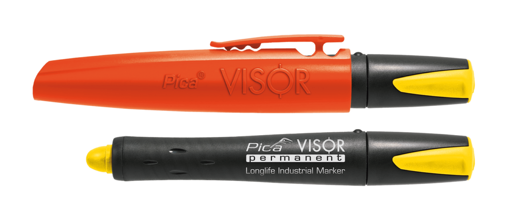 Marqueur industriel Pica VISOR permanent rechargeable Longlife jaune, ouvert et fermé