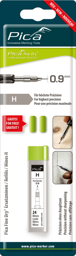Pica Fine Dry Longlife Automatical Pencil 0.9 mm Ersatzminen-Sets Grafit H 7050/SB auf Blister, SB Verpackung