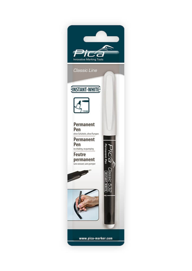 Pica Classic industrial marker, permanent marker, ink marker, instant white, white, self-service pack, on blister, POS, store presentation