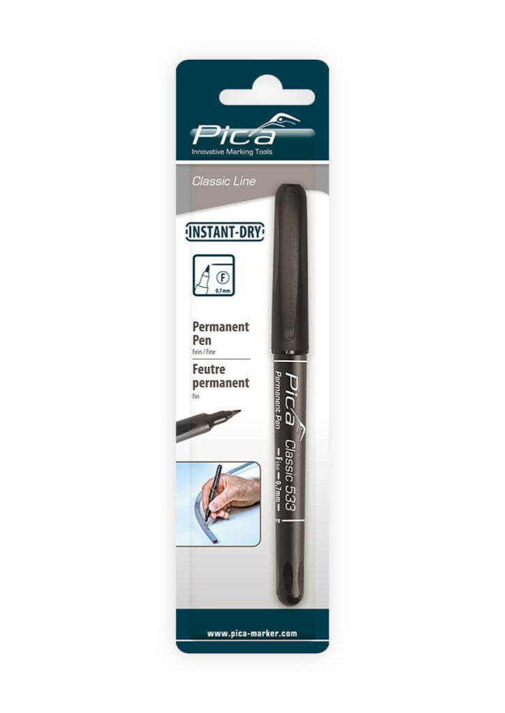 Pica Classic marcador industrial, marcador de tinta, marcador permanente, fino, 0,7 mm, negro, envase autoservicio, en blister, PLV, presentación tienda
