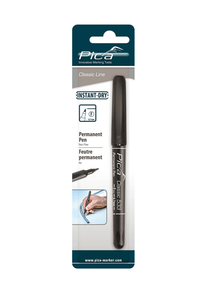 Pica Classic marcador industrial, marcador de tinta, marcador permanente, fino, 0,7 mm, negro, envase autoservicio, en blister, PLV, presentación tienda