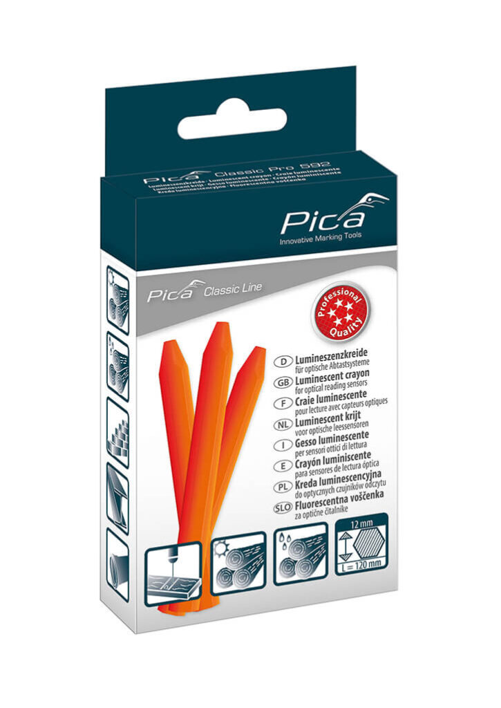 Pica Classic craie luminescente, orange fluo, pour capteurs de lecture optique, SB-Pack, sur blister, POS, présentation en magasin