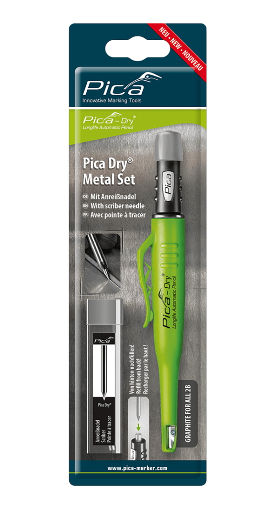 Pica Dry Metal Set, Pica Dry mit Grafitmine 2B, Anreißnadel im Döschen zur sicheren Aufbewahrung, Bundle, Set